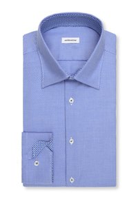 Foldet blå mønstret skjorte med klassisk krave og hvide knapper, med en kontrastfarvet indvendig manchetforing.