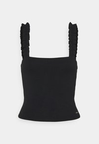 Schwarzes, tailliertes ärmelloses Oberteil mit quadratischem Ausschnitt und rüschierten Trägern vor einem weißen Hintergrund.