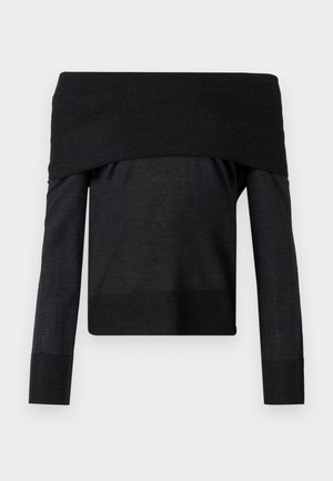 Off-the-shoulder, long-sleeve top in black, featuring a ribbed neckline, smooth fabric, and a fitted silhouette. Texture varies at cuffs.