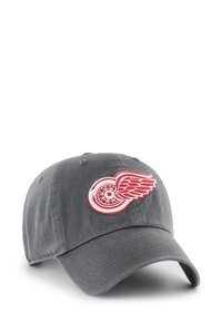 Gray baseball cap with a red and white winged wheel emblem embroidered on the front panel.