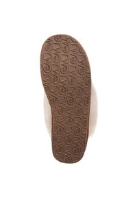 Suola in gomma marrone con logo in rilievo, caratterizzata da una morbida e pelosa texture bianca lungo il bordo. Forma piatta progettata per il comfort.