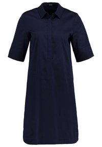 Mörkblå skjortklänning, kort ärm, krage, utan knappar, tillverkad av mjukt tyg, knälång med en avslappnad passform.