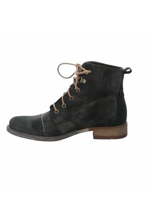 Black suede ankle boot with a round toe, tan laces, and brown wooden heel. Features stitched detailing and a pull tab at the back.