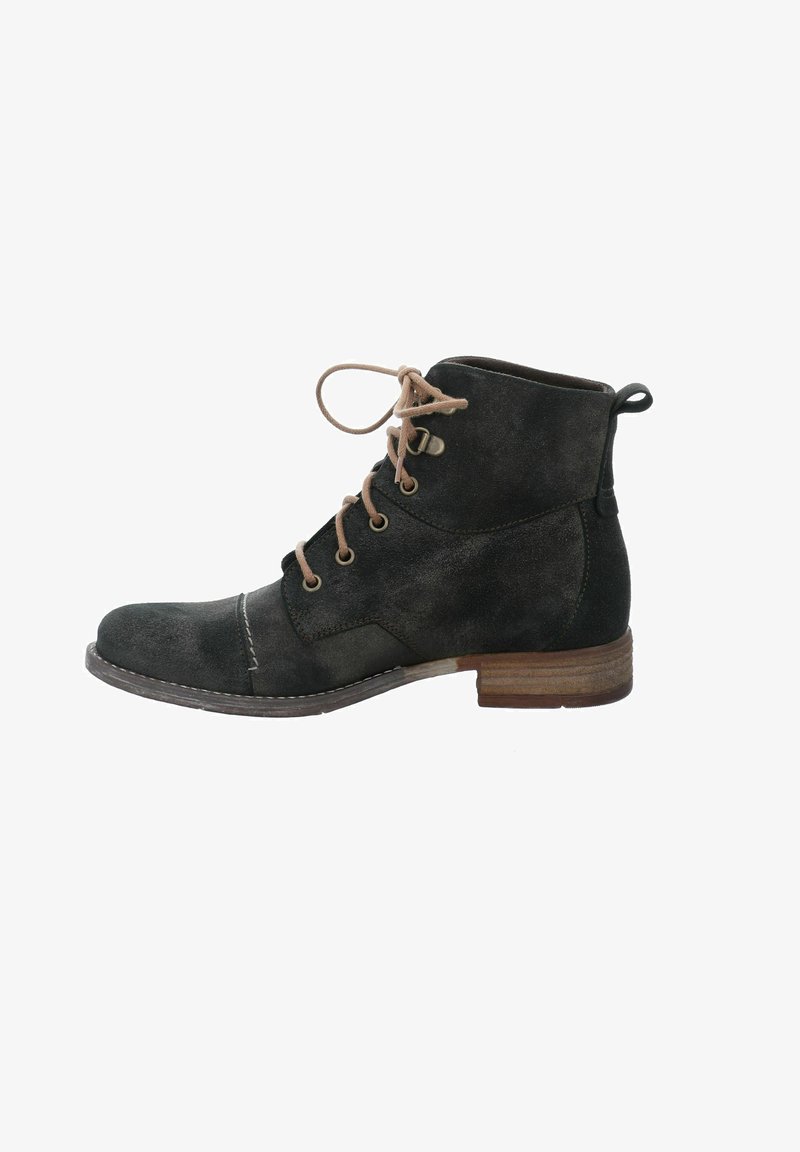 Black suede ankle boot with a round toe, tan laces, and brown wooden heel. Features stitched detailing and a pull tab at the back.