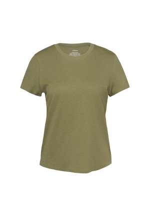 Oliwkowo-zielony, krótki rękaw, T-shirt z okrągłym dekoltem, o luźnym kroju i prostych detalach przeszyć.