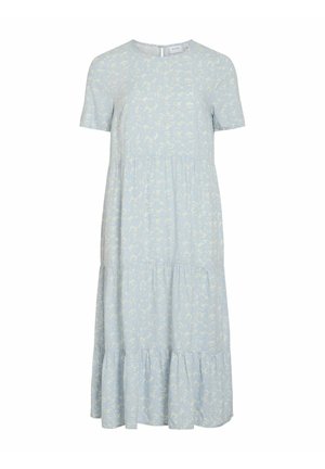 Hele sinine kleit lühikeste varrukatega, kihiline disain ja õrn valge lillemuster. Omab ümarat kaelust ja selja nuppude sulgemist.