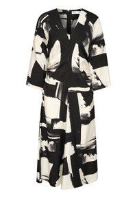 Mustavalkoinen mekko, jossa on abstrakti siveltimenkäännöskuvio, V-pääntie, 3/4-hihat ja virtaava A-linjainen siluetti. Rakennetekstuuri.