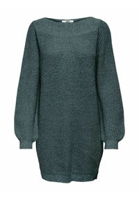 Robe pull tricotée vert foncé avec manches longues bouffantes et encolure arrondie, présentant un tissu texturé et des fentes latérales.