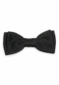 Noeud papillon en satin noir avec une texture lisse, présentant un nœud central et deux boucles symétriques de chaque côté. Pas de motifs ou d'accents visibles.