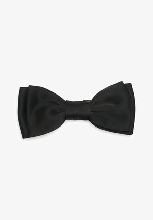 Noeud papillon en satin noir avec une texture lisse, présentant un nœud central et deux boucles symétriques de chaque côté. Pas de motifs ou d'accents visibles.