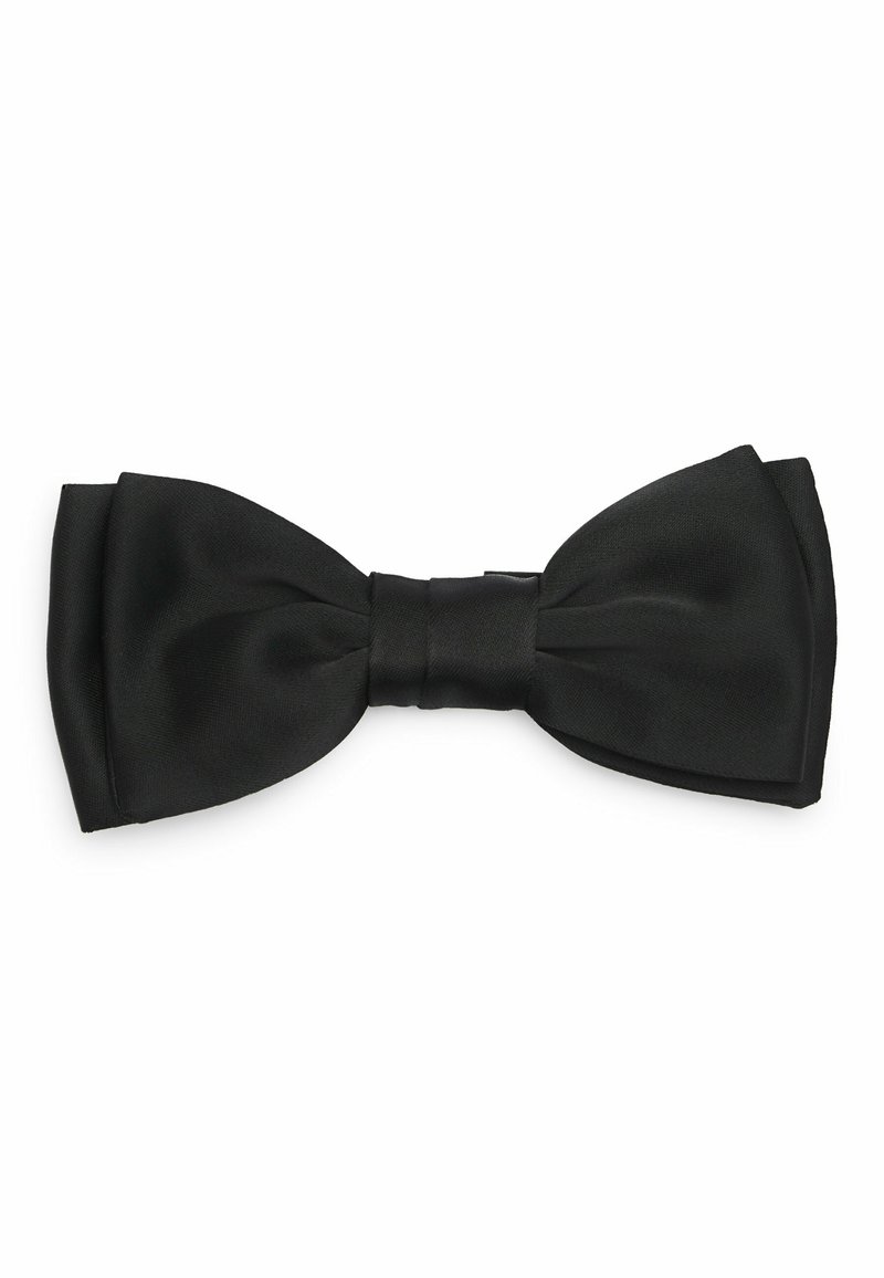 Noeud papillon en satin noir avec une texture lisse, présentant un nœud central et deux boucles symétriques de chaque côté. Pas de motifs ou d'accents visibles.