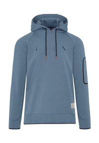 Modra kapuca iz mehkega blaga, z vrvico na kapuci, sprednjim žepom in črnimi poudarki na manšetah ter straneh. Enostaven vezen dekor.