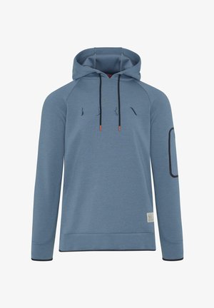 Puha anyagból készült kék kapucnis pulóver, húzózsinórral, elülső zsebbel és fekete díszítésekkel a mandzsettákon és az oldalon. Egyszerű hímzett minta.