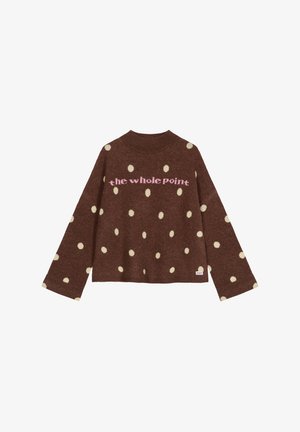 Brun genser med lange ermer, beige polkadotter og rosa tekst «the whole point» over brystet, med en liten sidetagg.