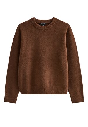 Brown knitted sweater with a round neck, long sleeves, and a soft, textured finish. Features ribbed cuffs and hem for a fitted look.