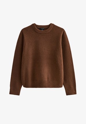 Brązowy sweter z dzianiny o okrągłym dekolcie, długich rękawach i miękkim, teksturowanym wykończeniu. Posiada ściągacze na mankietach i dole dla dopasowanego wyglądu.