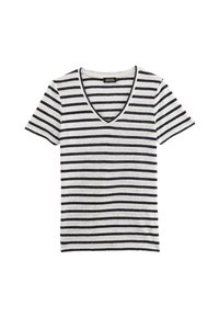 T-shirt V-neck rayé en gris clair et bleu marine avec des manches courtes, présentant des rayures horizontales et une texture douce et lisse.