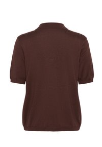 Polo shirt marrone a maniche corte con colletto, realizzato in un tessuto a maglia testurizzato e dalla vestibilità rilassata. La vista posteriore mostra una costruzione liscia.