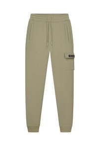 Licht olijfgroene joggingsbroek met elastische tailleband, trekkoord, zijzakken en een klep cargo pocket op de rechterdij.