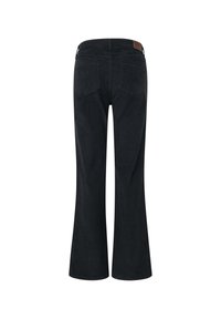 Pantalones de pana negros con corte acampanado y cintura alta, que cuentan con dos bolsillos traseros y un parche de cuero en la cinturilla. Textura lisa y ajuste entallado.