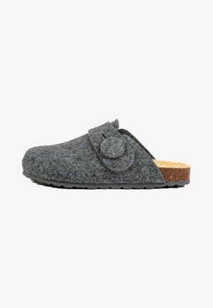 Chausson gris en feutre avec un accent de fleur ronde, ouvert à l'arrière et avec une semelle en liège texturée. Design plat avec une semelle intérieure rembourrée pour le confort.