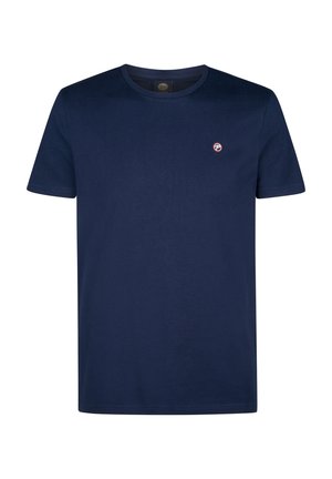Camiseta de algodón azul marino con cuello redondo, mangas cortas y un pequeño logo circular en el lado izquierdo del pecho. Textura suave, ajuste clásico.