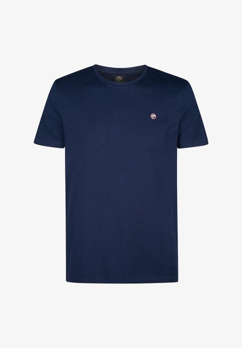 Camiseta de algodón azul marino con cuello redondo, mangas cortas y un pequeño logo circular en el lado izquierdo del pecho. Textura suave, ajuste clásico.