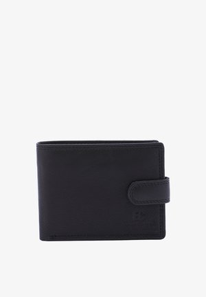 Portefeuille en cuir noir avec un design à rabat, des coutures contrastantes et une fermeture à bouton. Il offre une texture lisse et un branding minimal.