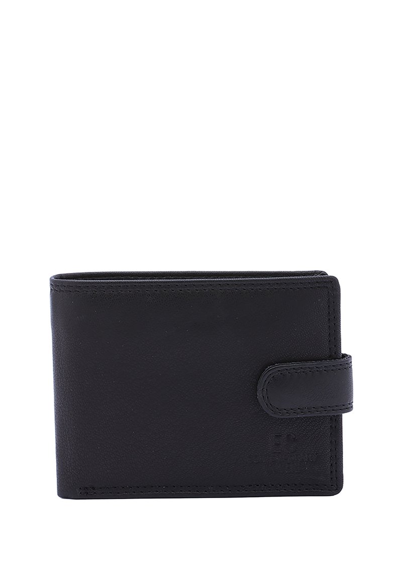 Portafoglio in pelle nera con design pieghevole, cuciture in contrasto e chiusura a bottone. Presenta una superficie liscia e un branding minimalista.