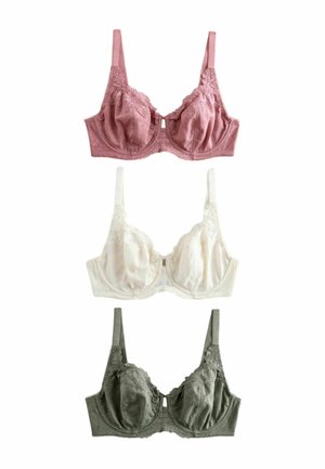 Three lace-trimmed underwire bras in pink, white, and gray, displayed vertically on a white background.