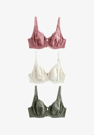 Drei Bügel-BHs mit Spitzenbesatz in Pink, Weiß und Grau, vertikal auf weißem Hintergrund angeordnet.
