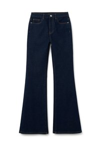 Vaqueros acampanados de color azul oscuro hechos de denim con una cintura de altura media, que cuentan con un diseño de cinco bolsillos y costuras en contraste.