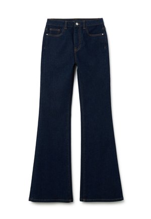 Jeans a zampa d'elefante blu scuro in denim con vita media, caratterizzati da un design a cinque tasche e cuciture a contrasto.
