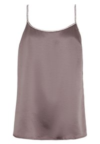 Camisole en satin de couleur lavande atténuée avec des bretelles fines. Présente une bordure scintillante de ton argenté le long de l'encolure, une texture douce et une coupe décontractée.