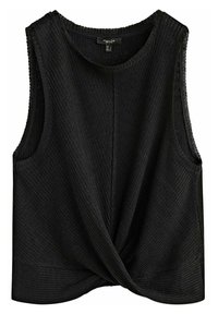 Top sans manches noir en tissu texturé, avec un design avant torsadé et un col rond, présentant des détails d'ourlet brut.