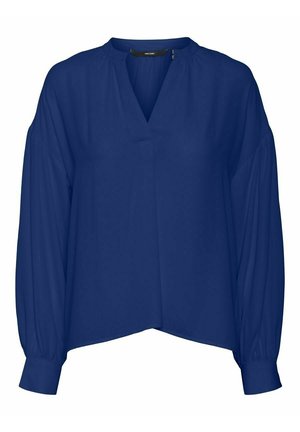 Blaue Bluse aus leichtem Stoff mit V-Ausschnitt, langen Puffärmeln und einer lockeren, verkürzten Silhouette. Praktisch nahtloses Design.