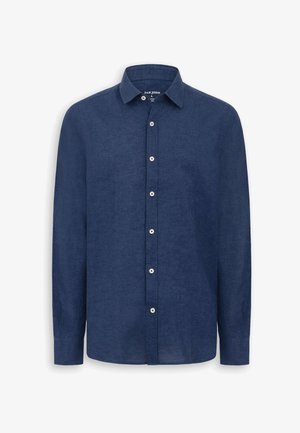 Marineblå, langærmet skjorte med knapper og klassisk krave, med hvide knapper, vist fladt på en hvid baggrund.