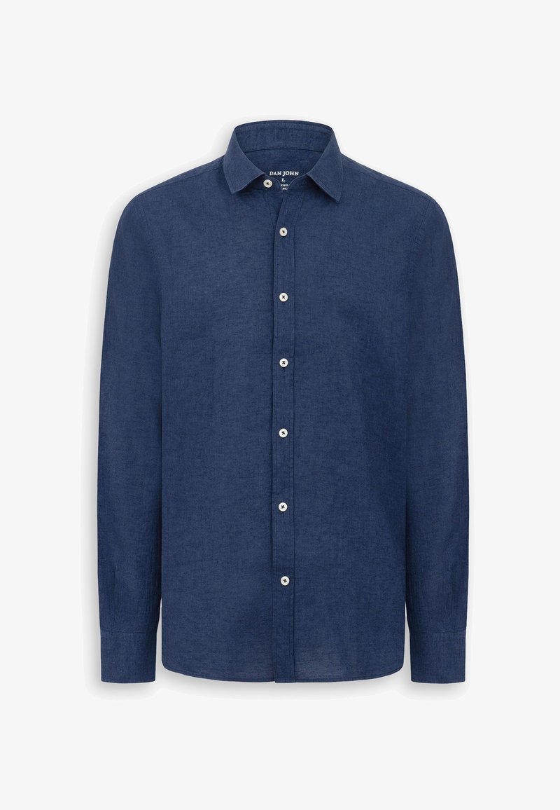 Chemise bleu marine à manches longues boutonnée avec un col classique et des boutons blancs, présentée à plat sur un fond blanc.