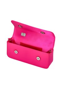 Pinkes Portemonnaie aus Kunstleder mit glatter Textur, zwei Druckknöpfen und einer Innenfach. Das Innere ist ebenfalls leuchtend pink.