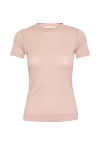 Hellrosa Kurzarm-T-Shirt aus weichem Stoff, mit Rundhalsausschnitt und taillierter Silhouette sowie lässigen Nähdetails.