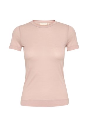 Hellrosa Kurzarm-T-Shirt aus weichem Stoff, mit Rundhalsausschnitt und taillierter Silhouette sowie lässigen Nähdetails.