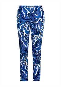 Blaue gemusterte Hose mit wirbelnden Designs in Blau- und Weißtönen. Elastischer Bund; gerade Beinform; glatte Stofftextur.
