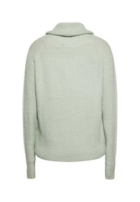 Hellgrüner gestrickter Pullover mit umschlagbarem Kragen, geripptem Textur und langen Raglanärmeln. Verfügt über einen geraden Schnitt und minimales Design.