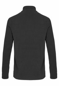Polo shirt nero a maniche lunghe realizzato in tessuto morbido, con colletto alto e orlo dritto, senza motivi o accenti visibili.
