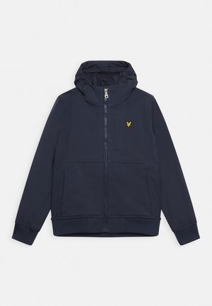 Veste à capuche bleu marine zippée, manches longues, deux poches avant et petit logo d’oiseau jaune sur la poitrine gauche.