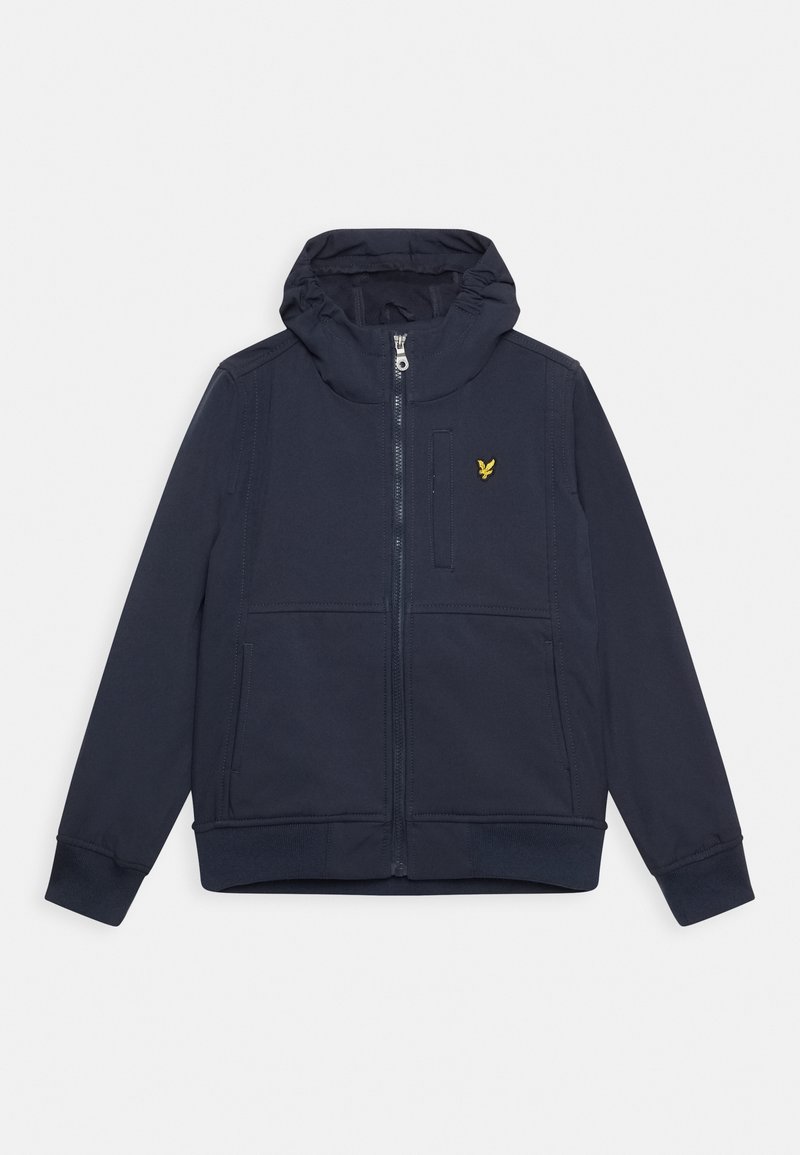 Veste à capuche bleu marine zippée, manches longues, deux poches avant et petit logo d’oiseau jaune sur la poitrine gauche.