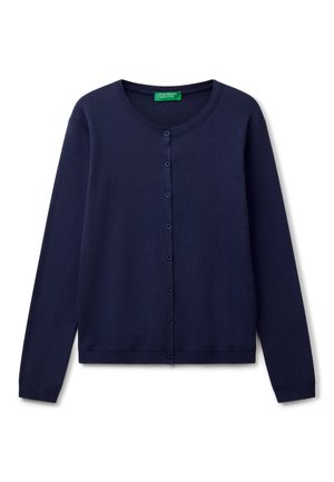 Cardigan bleu marine en tissu doux, avec un col rond, des manches longues et une fermeture à boutons sur le devant. Côtes texturées à l'ourlet.