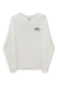 Weißes Langarm-T-Shirt aus Baumwolle mit einem lila Augenmotiv und einem Design aus Wolken und Sternen auf der linken Brustseite.