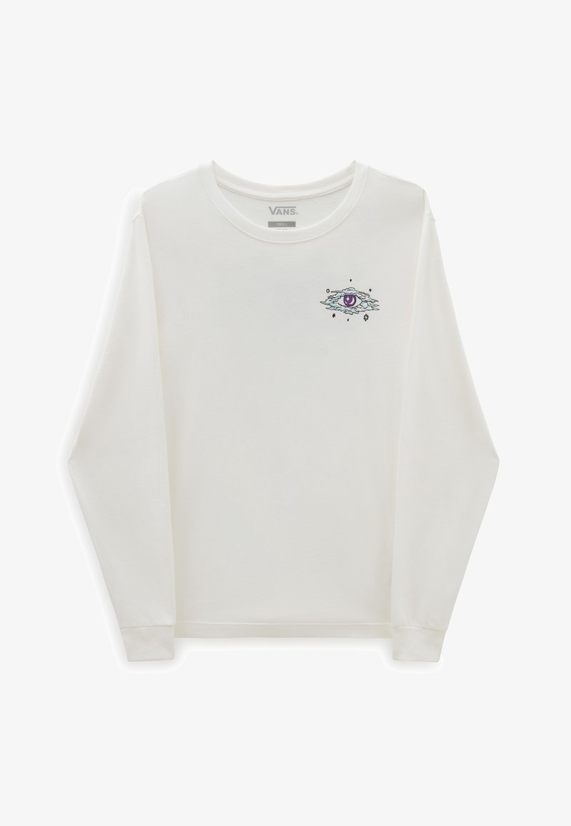 Weißes Langarm-T-Shirt aus Baumwolle mit einem lila Augenmotiv und einem Design aus Wolken und Sternen auf der linken Brustseite.