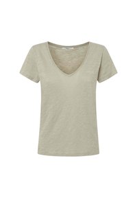 Camiseta de manga corta en verde oliva claro con un profundo escote en V. Hecha de una tela texturada y ligeramente jaspeada. Diseño simple y casual.